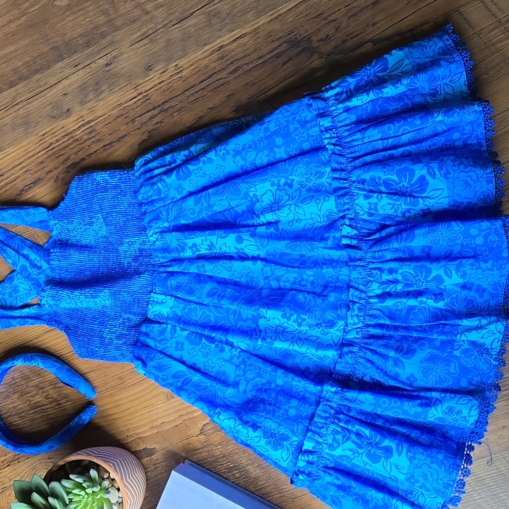Etta Vee Blue Floral Kids Dress with Matching Headband Open Back Bow Size 6 NWOT - Picture 2 of 10
